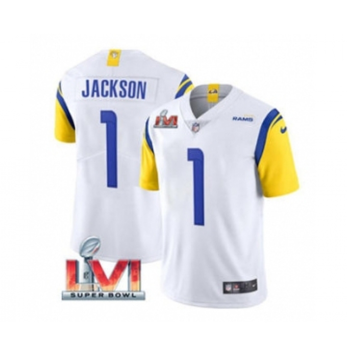 Men's Los Angeles Rams #1 Desean Jackson White 2022 Super Bowl LVI Vapor Limited Stitched Jersey
