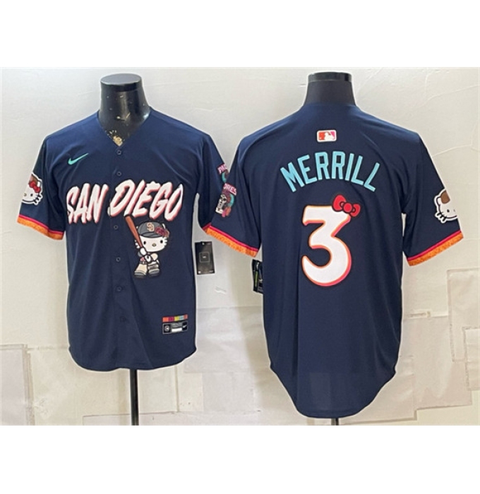 Men's San Diego Padres X Hello Kitty #3 Jackson Merrill Obsidian 2026 City Connect Stadium Stitched Baseball Jersey