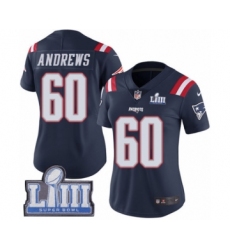 Women's Nike New England Patriots #60 David Andrews Limited Navy Blue Rush Vapor Untouchable Super Bowl LIII Bound NFL Jersey