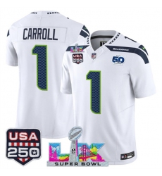 Men's Seattle Seahawks #1 Pete Carroll White 2025 F.U.S.E. Super Bowl LX And 50th Season & USA 250 Vapor Limited Football Stitched Jersey