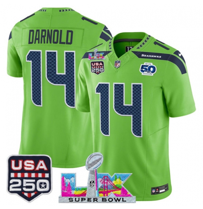 Men's Seattle Seahawks #14 Sam Darnold Green 2025 F.U.S.E. Super Bowl LX And 50th Season & USA 250 Vapor Limited Football Stitched Jersey