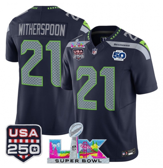 Men's Seattle Seahawks #21 Devon Witherspoon Navy 2025 F.U.S.E. Super Bowl LX And 50th Season & USA 250 Vapor Limited Football Stitched Jersey