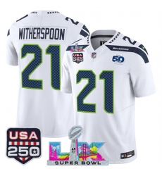 Men's Seattle Seahawks #21 Devon Witherspoon White 2025 F.U.S.E. Super Bowl LX And 50th Season & USA 250 Vapor Limited Football Stitched Jersey