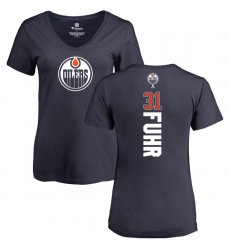 NHL Women's Adidas Edmonton Oilers #31 Grant Fuhr Navy Blue Backer Slim Fit V-Neck T-Shirt
