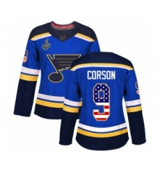 Women's St. Louis Blues #9 Shayne Corson Authentic Blue USA Flag Fashion 2019 Stanley Cup Final Bound Hockey Jersey
