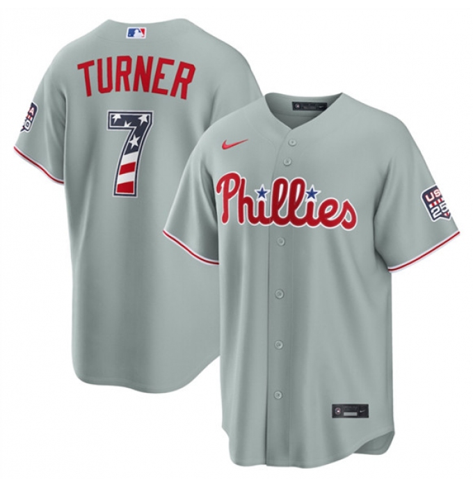 Men's Philadelphia Phillies #7 Trea Turner Gray USA 250 Fourth of July Home Stitched Baseball Jersey