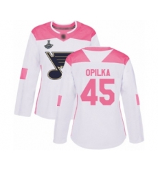 Women's St. Louis Blues #45 Luke Opilka Authentic White Pink Fashion 2019 Stanley Cup Champions Hockey Jersey