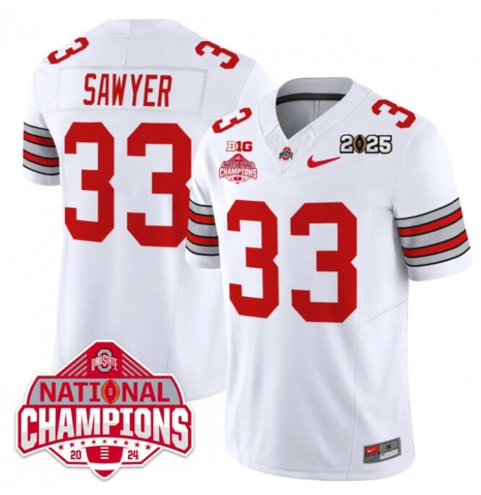 Men's Ohio State Buckeyes #33 Jack Sawyer White 2025 CFP Final With National Champions F.U.S.E. Vapor Limited Stitched Football Jersey