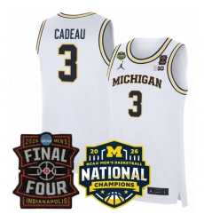 Men's Michigan Wolverines #3 Elliot Cadeau White 2025 26 Final Four National Champions Patch Stitched Basketball Jersey