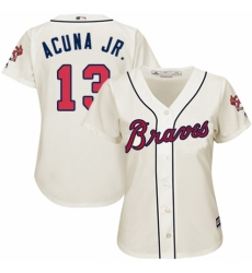 Women's Majestic Atlanta Braves #13 Ronald Acuna Jr. Authentic Cream Alternate 2 Cool Base MLB Jersey