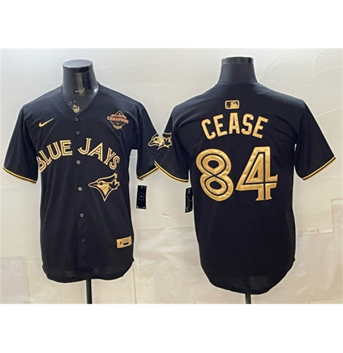 Men's Toronto Blue Jays #84 Dylan Cease Black Gold 2025 American League Champions Limited Stitched Baseball Jersey