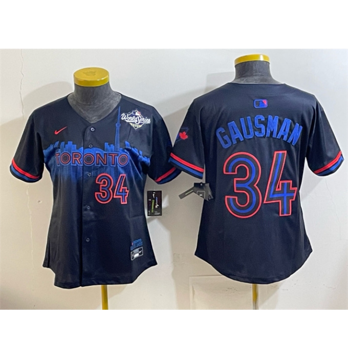 Women's Toronto Blue Jays #34 Kevin Gausman Navy 2025 World Series City Connect Limited Stitched Baseball Jersey(Run Small)