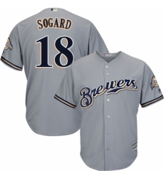 Youth Majestic Milwaukee Brewers #18 Eric Sogard Authentic Grey Road Cool Base MLB Jersey