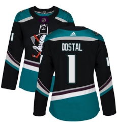 Women's Adidas Anaheim Ducks #1 Lukas Dostal Authentic Black Teal Third NHL Jersey