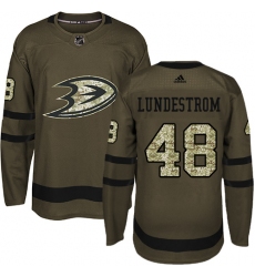Men's Adidas Anaheim Ducks #48 Isac Lundestrom Authentic Green Salute to Service NHL Jersey