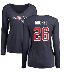 NFL Women's Nike New England Patriots #26 Sony Michel Navy Blue Name & Number Logo Slim Fit Long Sleeve T-Shirt