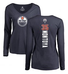 NHL Women's Adidas Edmonton Oilers #35 Al Montoya Navy Blue Backer Slim Fit Long Sleeve T-Shirt