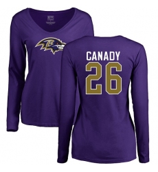 NFL Women's Nike Baltimore Ravens #26 Maurice Canady Purple Name & Number Logo Long Sleeve T-Shirt