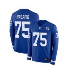 Youth Nike New York Giants #75 Jon Halapio Limited Royal Blue Therma Long Sleeve NFL Jersey