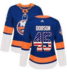 Women's Adidas New York Islanders #45 Noah Dobson Authentic Royal Blue USA Flag Fashion NHL Jersey