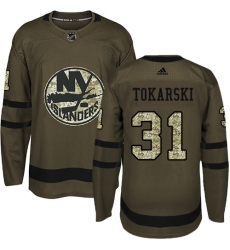 Men's Adidas New York Islanders #31 Dustin Tokarski Authentic Green Salute to Service NHL Jersey