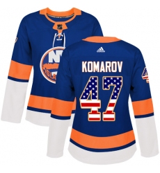 Women's Adidas New York Islanders #47 Leo Komarov Authentic Royal Blue USA Flag Fashion NHL Jersey