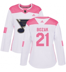 Women's Adidas St. Louis Blues #21 Tyler Bozak Authentic White Pink Fashion NHL Jersey
