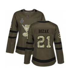 Women's St. Louis Blues #21 Tyler Bozak Authentic Green Salute to Service 2019 Stanley Cup Final Bound Hockey Jersey
