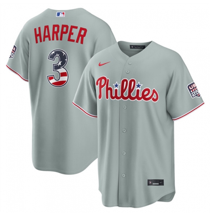 Men's Philadelphia Phillies #3 Bryce Harper Gray USA 250 Fourth of July Home Stitched Baseball Jersey