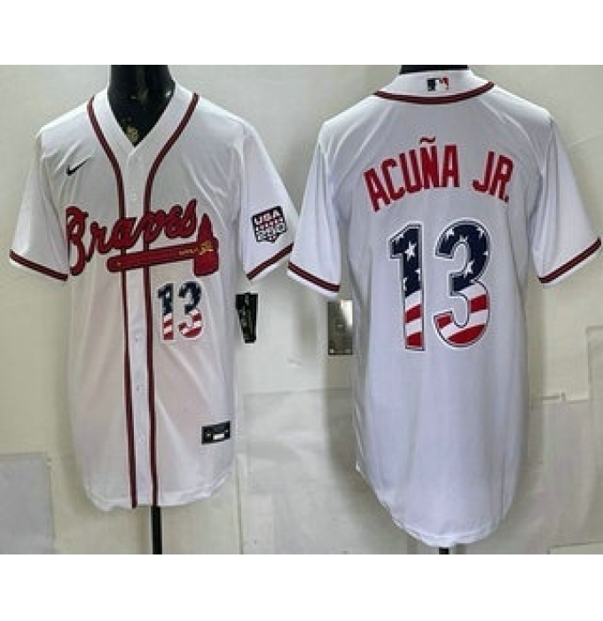 Men's Atlanta Braves #13 Ronald Acuna Jr White USA 250 Fourth of July Home Stadium Stitched Jersey