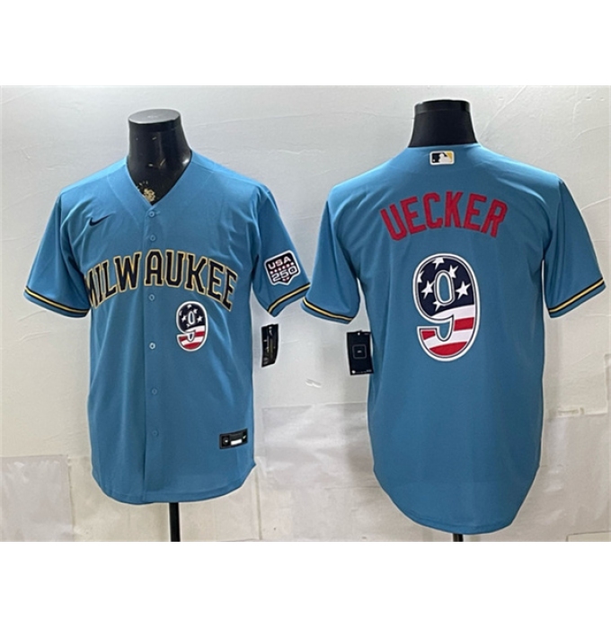 Men's Milwaukee Brewers #9 Bob Uecker Blue 2026 USA 250 Fourth of July Home Stadium Stitched Baseball Jersey