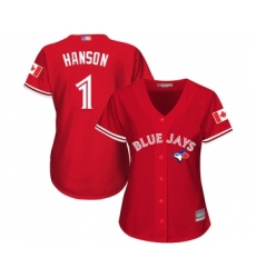 Women's Toronto Blue Jays #1 Alen Hanson Replica Scarlet Alternate Baseball Jersey