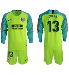Atletico Madrid #13 Oblak Shiny Green Goalkeeper Long Sleeves Soccer Club Jersey