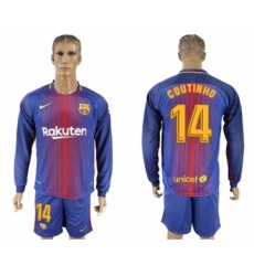 Barcelona #14 Coutinho Home Long Sleeves Soccer Club Jersey