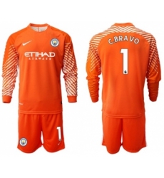 Manchester City #1 C.Bravo Orange Goalkeeper Long Sleeves Soccer Club Jersey