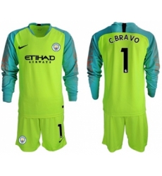 Manchester City #1 C.Bravo Shiny Green Goalkeeper Long Sleeves Soccer Club Jersey