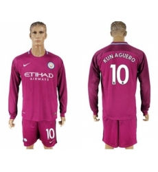 Manchester City #10 Kun Aguero Away Long Sleeves Soccer Club Jersey