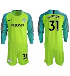 Manchester City #31 Ederson Shiny Green Goalkeeper Long Sleeves Soccer Club Jersey