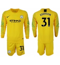 Manchester City #31 Ederson Yellow Goalkeeper Long Sleeves Soccer Club Jersey
