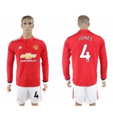 Manchester United #4 Jones Red Home Long Sleeves Soccer Club Jersey