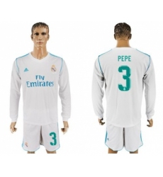Real Madrid #3 Pepe White Home Long Sleeves Soccer Club Jersey