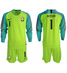 Brazil #1 Alisson Shiny Green Goalkeeper Long Sleeves Soccer Country Jersey