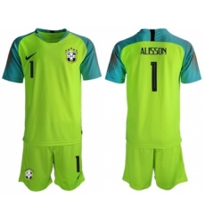 Brazil #1 Alisson Shiny Green Goalkeeper Soccer Country Jersey