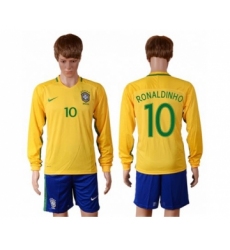 Brazil #10 Ronaldinho Home Long Sleeves Soccer Country Jersey