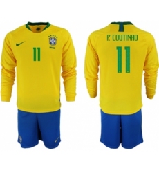 Brazil #11 P.Coutinho Home Long Sleeves Soccer Country Jersey