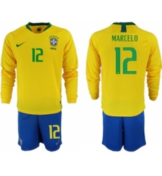 Brazil #12 Marcelo Home Long Sleeves Soccer Country Jersey
