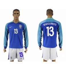 Brazil #13 Marquinhos Away Long Sleeves Soccer Country Jersey