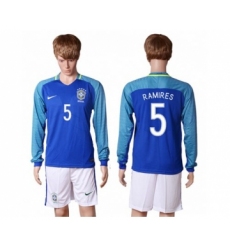 Brazil #5 Ramires Away Long Sleeves Soccer Country Jersey