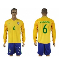 Brazil #6 Kasmirski Home Long Sleeves Soccer Country Jersey