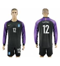 Greece #12 Kapino Black Goalkeeper Long Sleeves Soccer Country Jersey